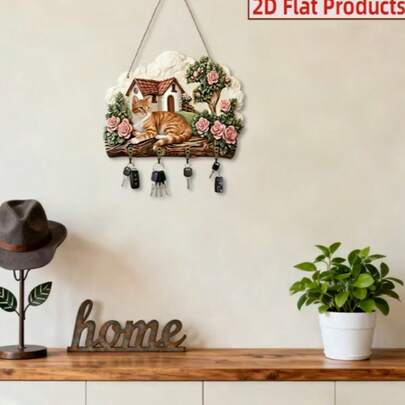 2D Flat Cute Cat Wooden Key Holder | Cute Animal Key Storage Rack Wall Hook Decor, With 4 Alloy Hooks, Suitable For Entryway Front Door Hallway Car Key Storage, Country Farmhouse Entryway Storage, New Year Easter Valentine's Day Gift