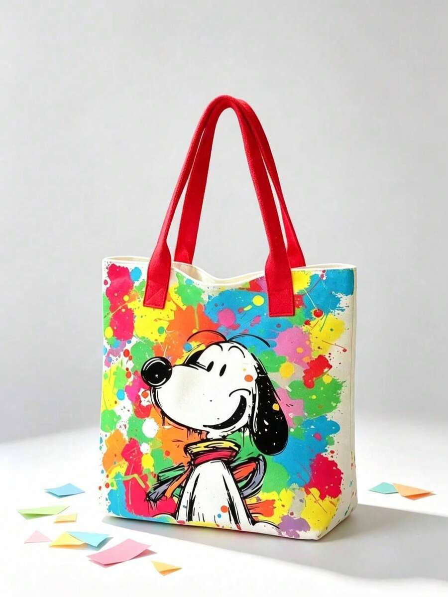 塗鴉 Snoopy 印花帆布托特包,彩色潑墨藝術單肩包,大容量休閒手提包,時尚女款日常購物包 - E - 查看 1