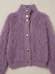 Korean-Style Plush Knit Cardigan – Soft Faux Fur Sweater For Autumn/Winter, Decorated With Fan-Shaped Lace And Pearl Buttons, Comfortable High-Neck Outerwear, Versatile For Daily Wear - Purple - View 7