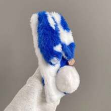 (Order And Follow Store To Get Free Lanyard) Cute 3D Plush Rabbit Phone Case, Blue And White Patchwork, Fluffy Rabbit Ears, Ball Tail, Warm Plush Soft, Shockproof Protective Shell, Suitable For Multiple Smartphones - Blue/Free Rope - View 3