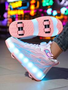 Unisex LED Rechargeable Light-Up Shoes, Children's Roller Skates, Multi-Functional Transformable Roller Shoes, Suitable For All Seasons, With Detachable Wheels, Perfect For Outdoor And Sports Skating - Pink - View 3