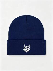 1pc Y2K Gothic Skeleton Rock Gesture Embroidery Knit Beanie, Unisex Streetwear Warm Cuffed Knitted Hat For Halloween Fall Winter - Finger - View 7