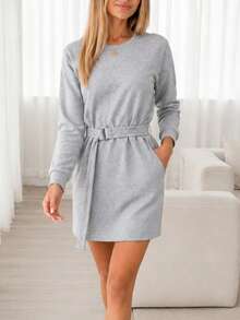 Women's Fashion Versatile Long Sleeve Double Pocket Dress For Daily Wear - Grey - View 1