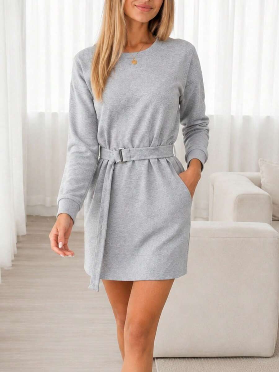 Women's Fashion Versatile Long Sleeve Double Pocket Dress For Daily Wear - Grey - View 1