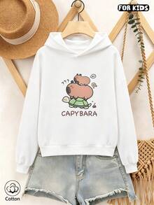 Kids Cartoon Capybara Print Loose Fit Hooded Sweatshirt, Breathable Cotton Long Sleeve Pullover For Daily Wear In Spring & Autumn, Cute Casual Gift - White - View 2