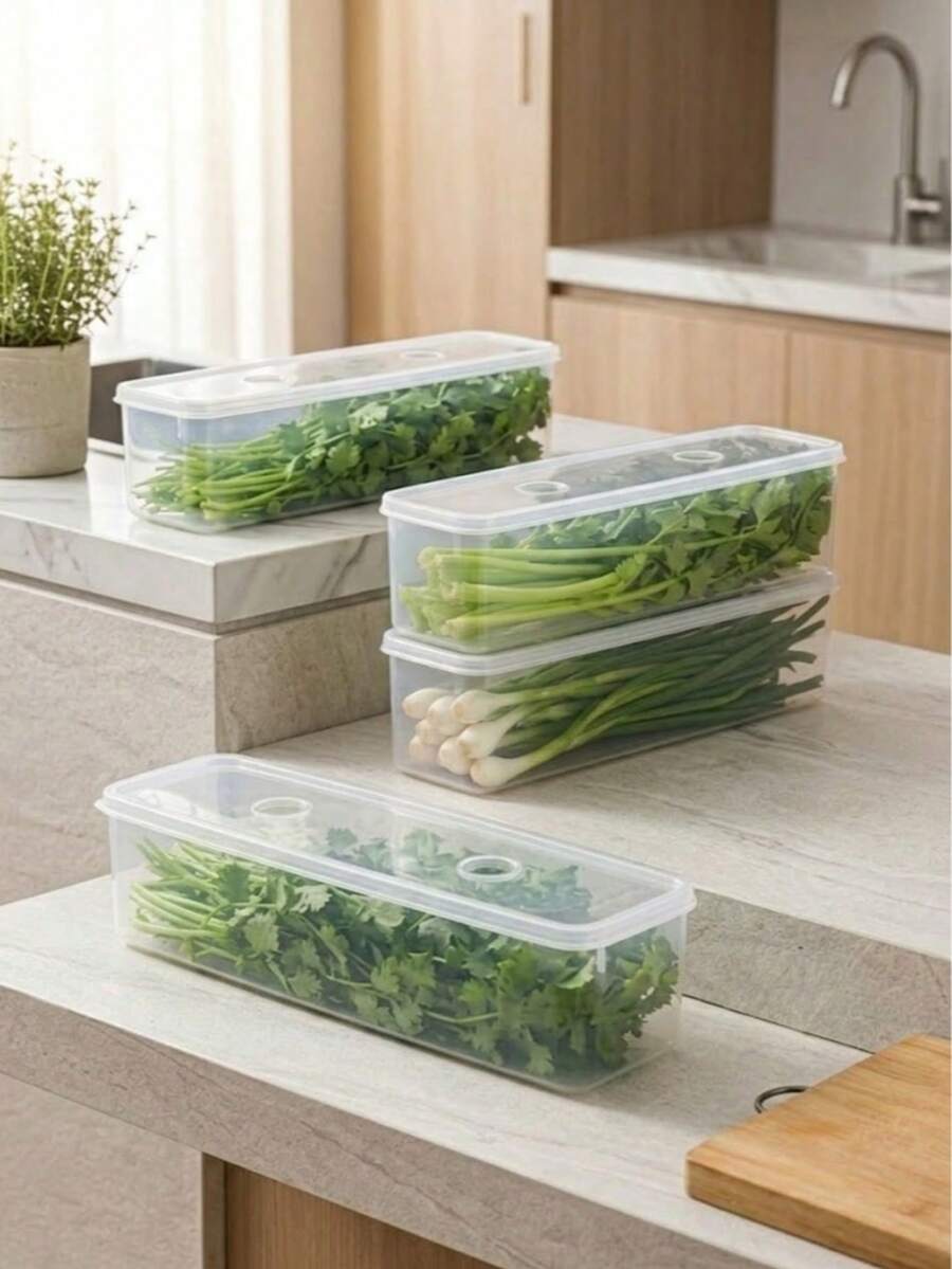 1pc Rectangular Herbal Fresh-Keeping Box, Stackable Refrigerator Vegetable Storage Container With Ventilated Lid, Suitable For Green Onion, Cilantro, Celery, Asparagus And Other Vegetables, Transparent Refrigerator Organizer Box, Suitable For Kitchen Meal Prep