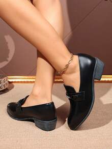 Rhinestone Chain Low Heel Loafers, Black Chunky Heel British Style Leather Shoes, Fashion Casual Office Wear, Student Commute Slip-On Rhinestone Loafers - Black - View 6