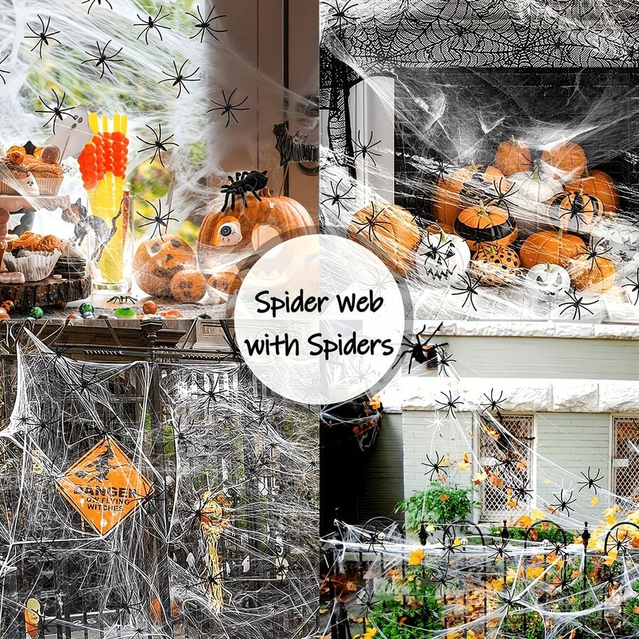 200 Square Feet Halloween Expandable Spider Web Decoration With 30 Fake Spiders, Elastic Spider Web Decor For Indoor/Outdoor Yard, Bar, Party And Haunted House Holiday Decoration - Multicolor - View 1