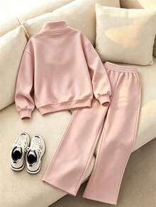 Tween Girl Preppy Style Cartoon Face Graphic Solid Color Sweatshirt And Pants Set, Minimalist Design, Comfortable For Spring, Autumn, Winter, 2-Piece - Pink - View 3