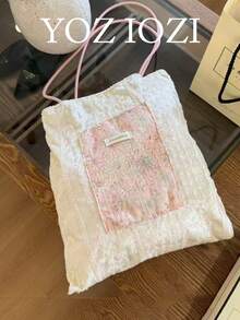 韓式亮片粉色與銀色亮片小眾設計 INS 風格大容量天鵝絨拼接托特包，通勤休閒日常購物單肩隨性手提包 - 粉色 - 查看 1