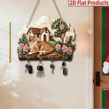 2D Flat Cute Cat Wooden Key Holder | Cute Animal Key Storage Rack Wall Hook Decor, With 4 Alloy Hooks, Suitable For Entryway Front Door Hallway Car Key Storage, Country Farmhouse Entryway Storage, New Year Easter Valentine's Day Gift - Multicolor - View 4