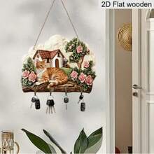 2D Flat Cute Cat Wooden Key Holder | Cute Animal Key Storage Rack Wall Hook Decor, With 4 Alloy Hooks, Suitable For Entryway Front Door Hallway Car Key Storage, Country Farmhouse Entryway Storage, New Year Easter Valentine's Day Gift - Multicolor - View 5