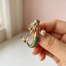 1pc Colorful Enamel Mermaid Faux Pearl Brooch, Elegant Ocean Theme Pin, Fashion Jewelry Gift For Women And Girls - Baby Blue - View 6