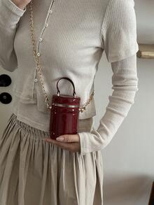 Tas Ember Rantai Kulit Paten Warna Polos Mini, Ukuran Mini, Bisa Digenggam & Diselempangkan, Tas Kosmetik, Tempat Lipstik - Burgundy - View 4