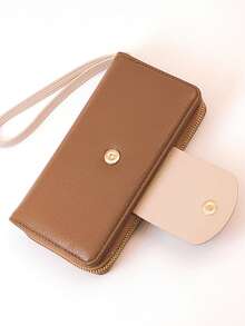 Women's Mini Handheld Phone Wallet, Exquisite Snap Closure Colorblock Patchwork Soft PU Long Wallet, Multifunctional Large Capacity Card Holder, Zipper Coin Purse, Lightweight And Fashionable - Brown - View 7