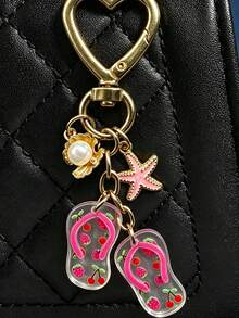 Heart‑Shaped Clasp Keychain, Summer Beach Enamel Charms Bag Charm, Pearl Shell Starfish Flip‑Flop Pendants Gold‑Toned Stylish Durable Decorative Gift - Multicolor - View 1