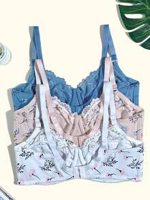 3pcs/Set Fresh Print Seamless Underwire Side-Support Adjustable Strap Comfortable Everyday Plus Size Bra For Women - Multicolor - View 3