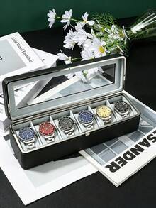 Watch Box Silver Frame6-Slot Watch CaseWith Large Glass Lid RemovableWatch Pillows Watch BoxOrganizer Gift For Loved OnesSynthetic Leather Gray Lining Jewelry Box Organizer Watch Box Watch Case Watch Organizer Jewelry Organizer - Multicolor - View 11