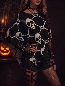 New Y2K Skull Chain Jacquard Asymmetrical Hem Loose Shawl Silhouette Off-Shoulder Backless Black Autumn Top - Black - View 7
