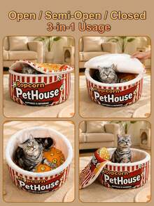 1pc Cute Cat Bed, Suitable For Indoor Cats/Dogs, Washable Pet House, Warm Pet Cave Bed, 100% Polyester Fabric, Suitable For Rabbits, Puppies, Cats And Small Animals Adult Cats, Japanese Ramen Design, Red And Yellow Color - Red - View 6