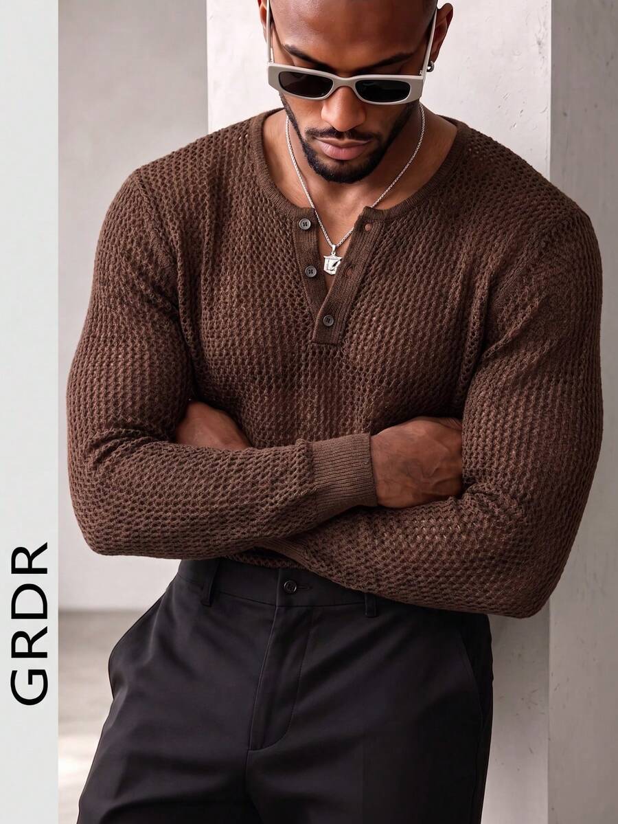 GRDR Men's Classic Hollow Henley Collar Long Sleeve Knit Sweater, Autumn/Winter