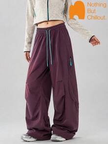 NBCT Women's Functional Cargo Pants, Contrast Color Drawstring Elastic Waist, Multiple Zipper Pockets, Outdoor Hiking Trekking Commuting Casual Versatile Long Pants - Dazzling Night Purple - View 1