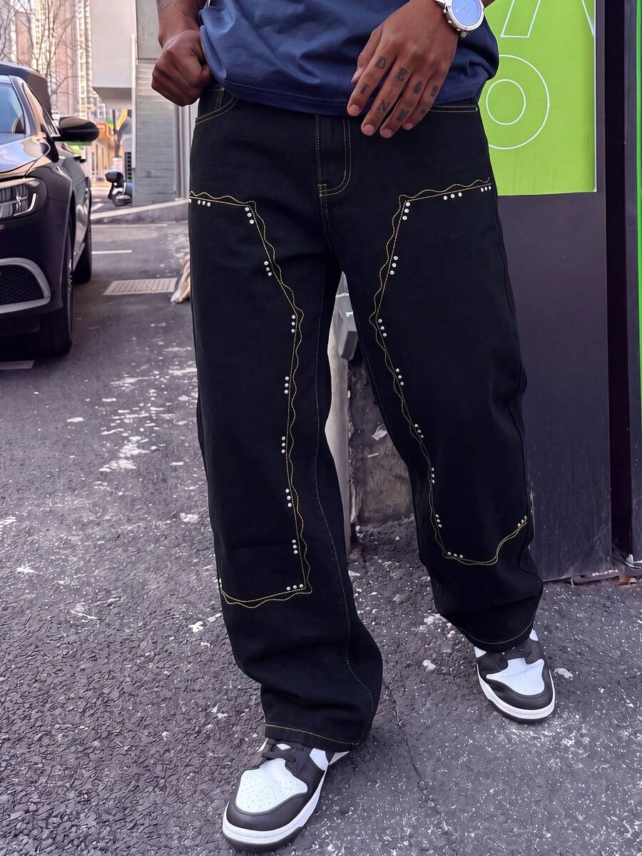 Men's Vintage Black Cow Contrast Stitching Rhinestone Denim Jeans, Loose Straight Leg Long Pants, Street Style Y2K Wavy Stitching - Black - View 1