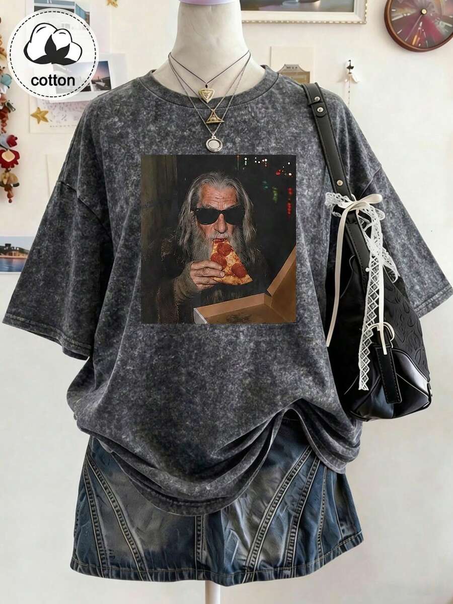 Plus Size Vintage Black Washed Short Sleeve T-Shirt For Women, Loose Fit, Fashion Design, Casual Summer - Black - View 1