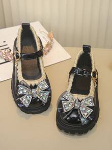 Girls' Rhinestone Bow Mary Jane Shoes, Buckle Strap Thick Sole Non-Slip Princess Shoes - Black - View 5