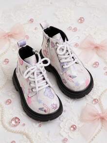 1 Pair Kids Cute Doodle Pattern Boots With Lace-Up And Side Zipper, Suitable For Holiday Parties, Daily Outings, School Commute, Autumn/Winter - Pink - View 4