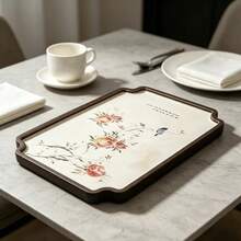 New Chinese Style Floral Bird Peach Print Wooden Tray, Tea Room Tea Set Storage Display Plate, Desktop Decor Tea Tray - Multicolor - View 2