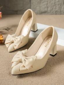 Women's Casual Minimalist Fashionable Elegant Commuter Versatile Spring Autumn Winter Comfortable Ball Pointed Toe Chunky Heel High Heel Bow Knot Pumps - Beige - View 5