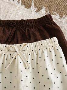 2pcs/Set Girls' Casual Wide Leg Pants, Fashionable Wave Textured Polka Dot Solid Color Lace Trim, Spring Autumn - Multicolor - View 5