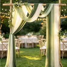 3/6pcs Wedding Arch Decor Fabric, Long Solid Color Semi-Transparent Curtain Tapestry, White Light Green Dark Green, Wedding Decoration, Room Decor, Birthday Party, Bridal Shower, Outdoor Decor - White and Green Outfit - View 11