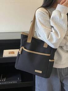 1件純色複合布料極簡Ins風多拉鍊口袋防水大容量可折疊女款工作包，適合日常通勤、外出、購物、旅行、度假，簡易行李收納，學生校園托特包，女友節日禮物 - 黑色 - 查看 4