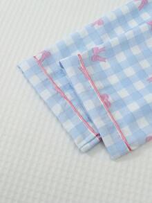 Tween Girls 2Pcs Blue Gingham Bow & Butterfly Print Long Sleeve Pajama Set, Casual Tween Girl Loungewear Sleepwear For Spring Fall Winter Home Outfit - Blue - View 8