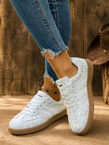 Women's Low-Top Sneakers, Lace-Up, Flat Design - Silver - View 9