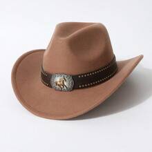 Unisex Classic Western Style Felt Cowboy Hat, Suitable For Horse Riding, Wilderness Photography, Equipped With Running Horse Badge Riveted Leather Strap, Equipped With Running Horse Badge Riveted Leather Strap, Horse Riding, Wilderness Photography, Western Theme Party, Halloween Party, Stage Outfit, Hat, Cap, Cowboy Hat - Multicolor - View 12