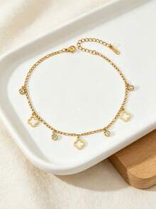 TONSI 1pc Summer Vacation Style Fashion Minimalist 18K Gold Plated Stainless Steel Hollow Clover Round Diamond Thin Chain Anklet, Low Allergy Waterproof Versatile Foot Chain, Suitable For Women's Daily Beach Seaside Travel Summer Gift Jewelry - Gold - View 4