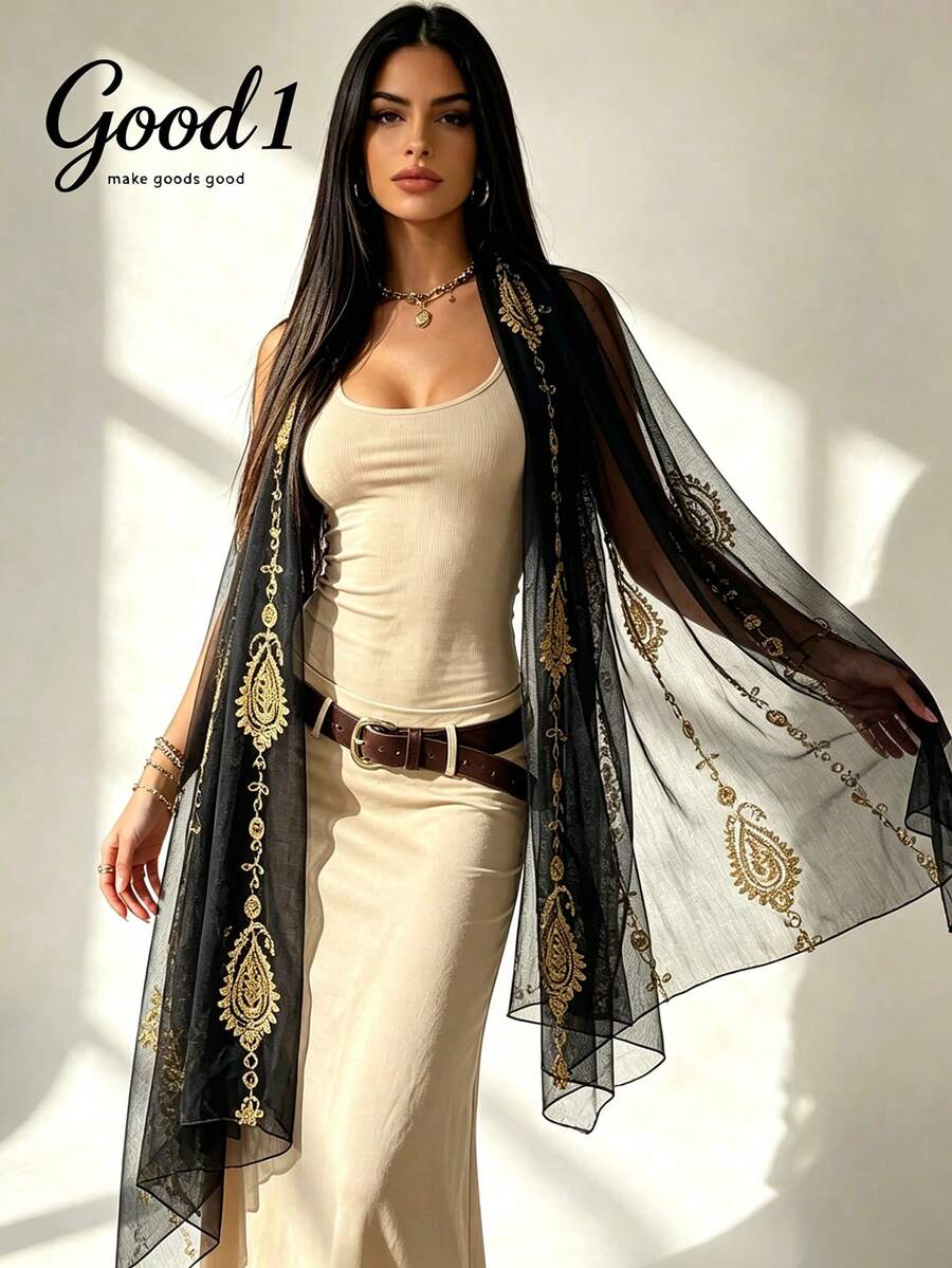 1pc Floral Embroidered & Tie-Dye Scarf, Oversized Shawl, Fashionable & Versatile Solid Color Scarf, Bohemian Style