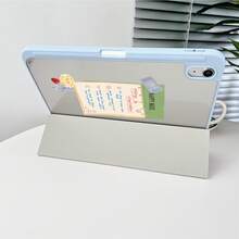 1pc Blue & Beige Vertical Striped Happy Note Sticker Collage Print Tablet Protective Case, With Pen Slot, Multi-Angle Magnetic Stand, Supports Auto Sleep/Wake, Compatible With IPad Pro/Air, Pad 5/6/7, MatePad - Multicolor - View 8
