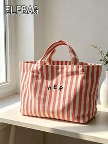 Casual Minimalist Letter Canvas Tote Bag, Striped Solid Color Handbag, High Cost-Effective Fashion Versatile Tote Bag Suitable For Moms, Students, Office Workers - Red - View 10