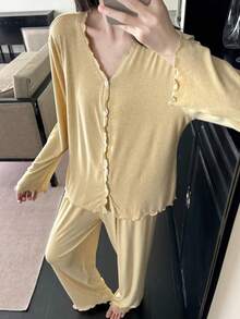 Women's Spring/Autumn Frill Trim Long Sleeve Long Pants Casual Loose 2 Pieces Loungewear Set, Suitable For Outdoor Wear - Yellow - View 3