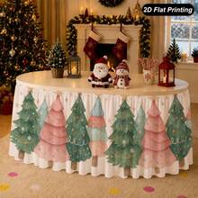 Pastel Christmas Tree Print Round Table Skirt, Cute Pink And Green Holiday Decoration, 2D Flat Printing Polyester Table Cover For Kids Christmas Party, Family Dinner And Winter Home Decor - A - View 4
