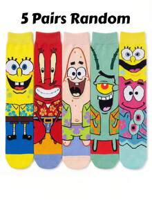 SpongeBob SquarePants 5 Pairs Random Women's Funny Cartoon Socks, Versatile Mid-Calf Couple Socks With And Mr. Krabs Patterns - Multicolor - View 7