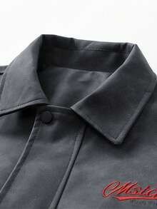 Men's American Vintage Distressed Faux Suede Lapel Collar Jacket, Loose Fit Letter Embroidery Workwear Coat For Spring And Autumn - Dark Grey - View 4
