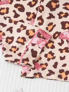 Teen Girls 2-Piece Leopard Print & Bow Print Collared Long Sleeve Top And Pants Pajama Set, Soft & Comfortable Autumn/Winter Home Casual Wear - Multicolor - View 4