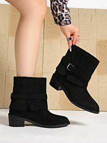 Buckle Strap Suede Mid-Calf Boots, Plus Size Wide Toe Vintage Casual Women's Ankle Boots - Black - View 6