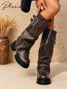 planare Women's Fashion Punk Style Double Buckle Slouch High Tube Boots, Ruched Leg Side Zipper Thick Sole Chunky Heel Motorcycle Rider Boots, Brown Long Boots - Brown - View 5