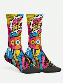 Cool 360° Printed Men's Socks - Streetwear Socks,Pop Art Cat,Doodle Cartoon Black Cat,Colorful,Funny Socks, Fit Daily, Holiday & Party Occasions - Multicolor - View 2